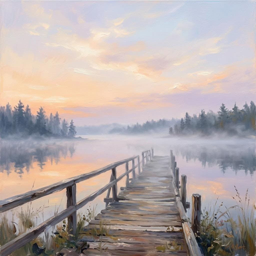 A wooden dock over a misty lake at dawn